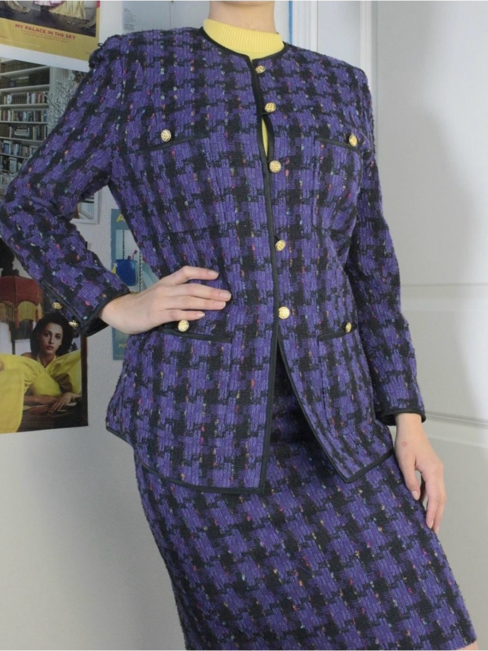 80s Carlisle Purple and Black Tweed Blazer and Skirt Set with Gold Buttons